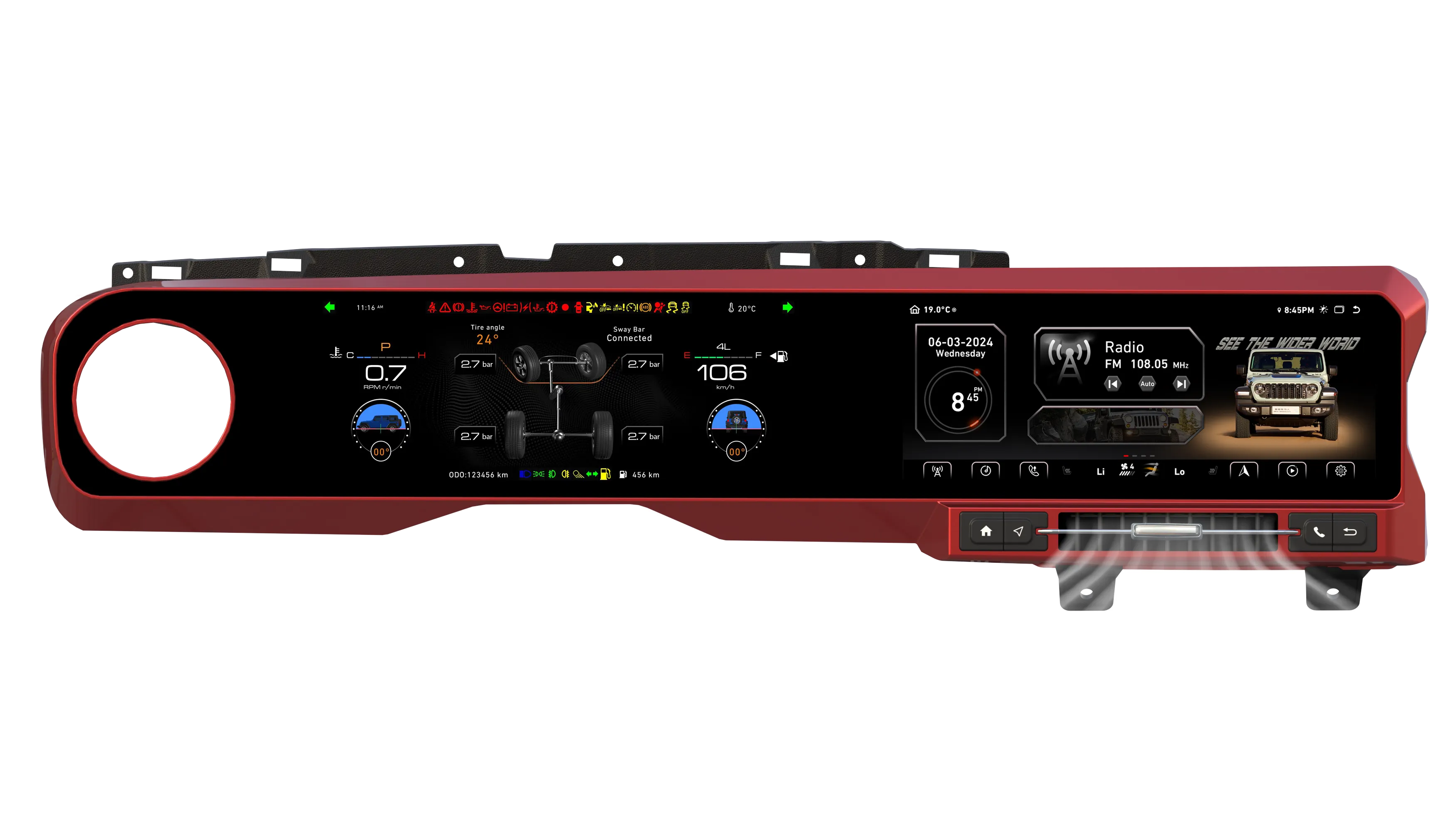 Магнитола + приборная панель для Jeep Wrangler 2018-2021 (красный) на Android 12 - Carmedia ZH-J1301R